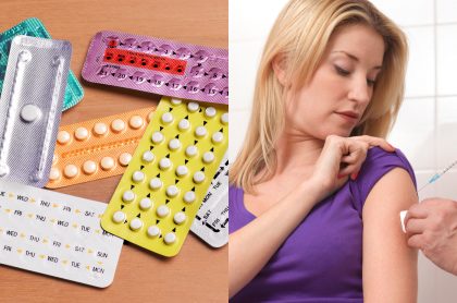 Imagen de anticonceptivos y mujer vacunándose, a proposito de si es peligro mezclar las dosis