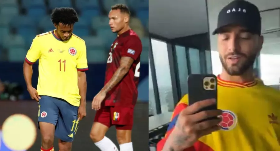 Foto de Maluma con camiseta de Selección Colombia y Juan Guillermo Cuadrado cabizbajo, en nota de saludo del cantante a la Selección Colombia.