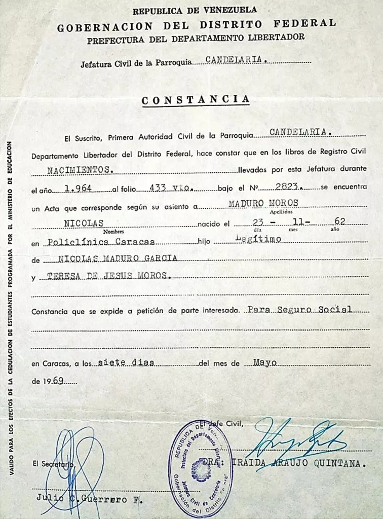 Birth certificate of Nicolas Maduro / Instagram ad Maduro Guerra