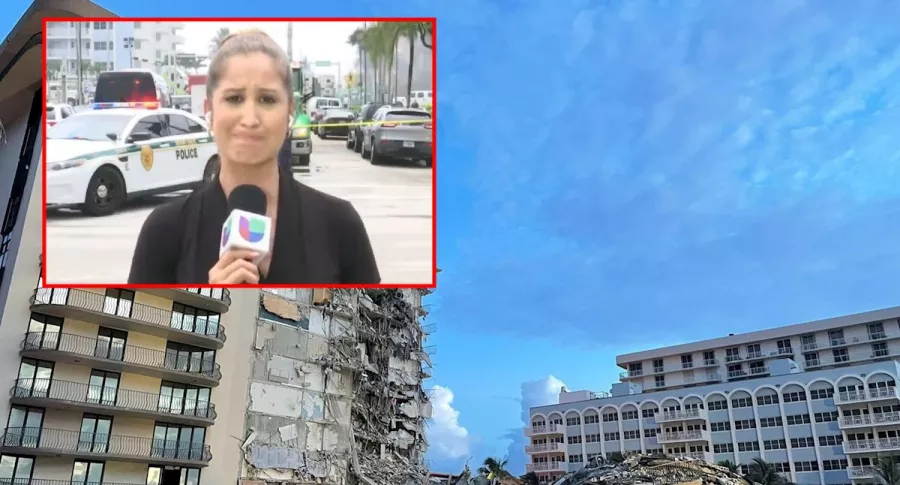Edificio de Miami que colapsó y captura de pantalla de Reportera que llora en vivo contando historia de edificio que colapsó en Miami