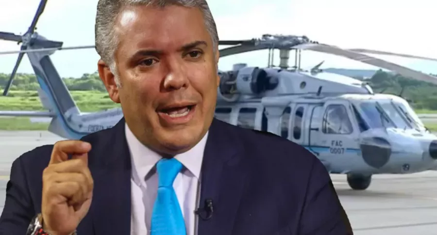 Montaje de Pulzo con foto de Iván Duque y helicóptero. Ilustra nota sobre supuesta alianza entre Eln, disidencias Farc y narcos que estaría detrás de atentado al presidente de Colombia.