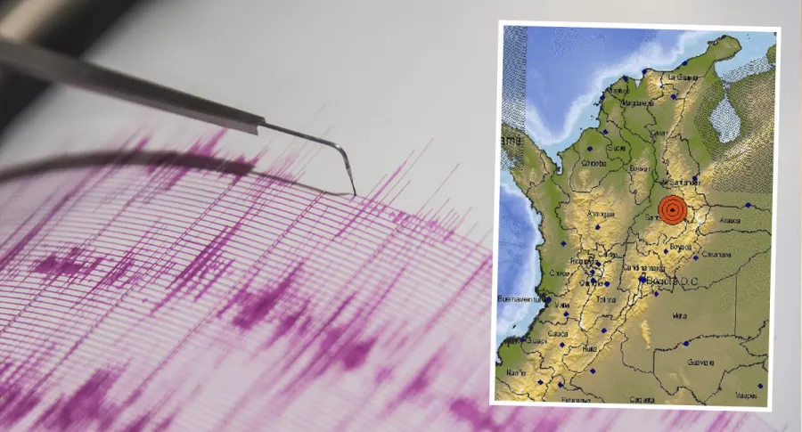Foto de referencia de sismómetro junto a imagen de mapa de Colombia. Ilistra nota sobre temblor de magnitud 4.6 en Los Santos, Santander el 5 de julio de 2021.