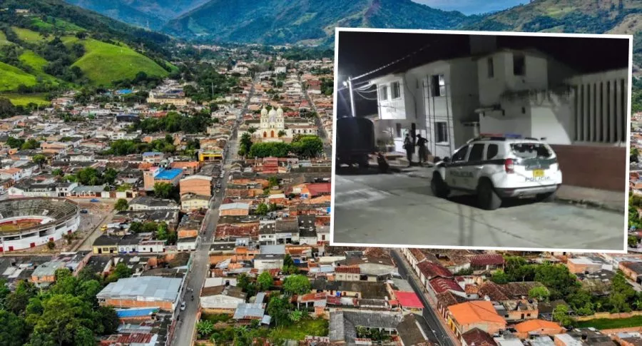 Montaje con foto panorámica de Chinácota, Norte de Santander, e imagen de estación de Policía de ese municipio tras atentado con explosivos del 5 de julio de 2021.