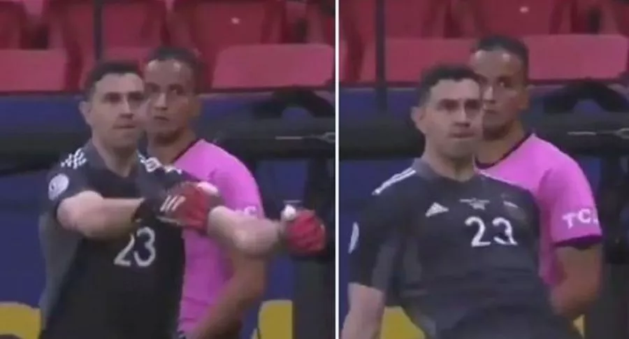 Festejo obsceno de Emiliano Martínez, portero de Argentina, luego de taparles tres penales los jugadores de la Selección Colombia. 
