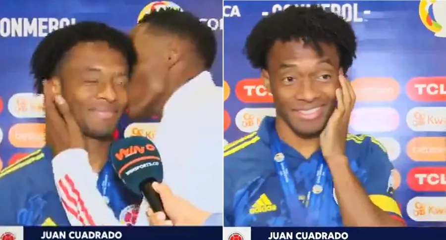 Beso de Yerry Mina a Juan Guillermo Cuadrado en Copa América 2021. Fotomontaje: Pulzo.
