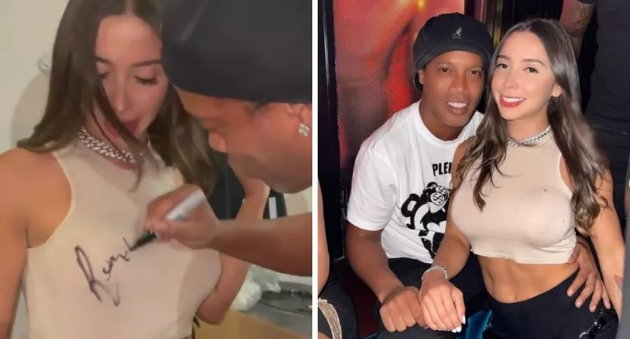 Ronaldinho firmándole autógrafo a modelo en el pecho