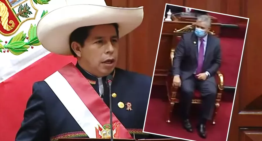Pedro Castillo no saludó a Iván Duque en su discurso de posesión en Perú. Fotomontaje: Pulzo.