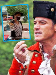Luke Evans, e imagen comiendo arepa de calle en Bogotá.