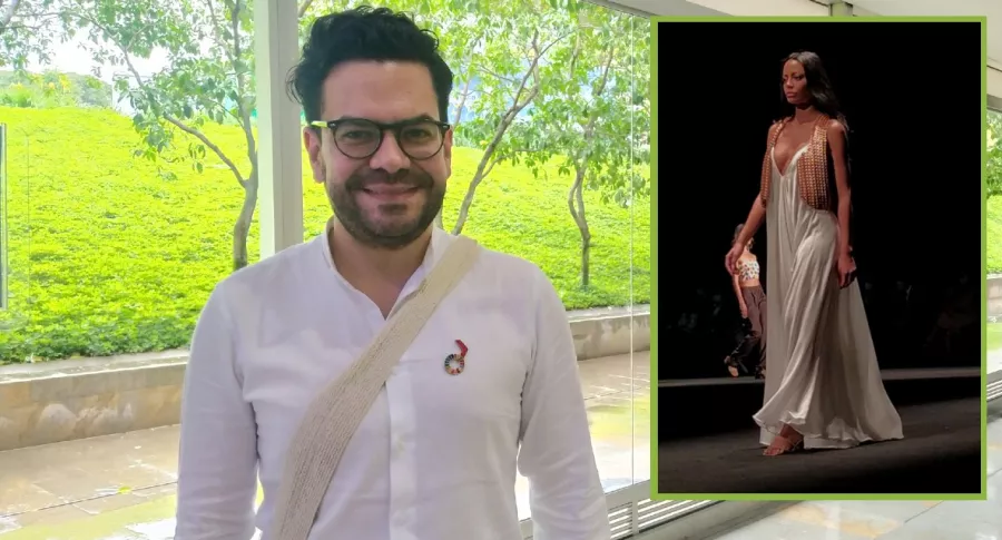 Juan Pablo Socarrás, diseñador, a propósito de que habló de 'Magdalena', su colección que cerró Colombiamoda 2021, y modelo desfilando uno de sus vestidos.