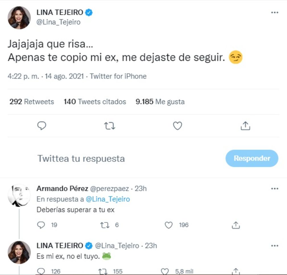 Esta fue la conversación de Tejeiro y el usuario/ Twitter @Lina_Tejeiro