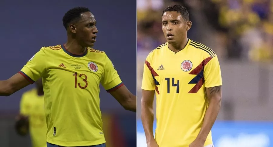 Yerry Mina y Luis Fernando Muriel con camiseta de Selección Colombia, a propósito de que Carlos Antonio Vélez dice que los desconvocaron para partidos de Eliminatorias.