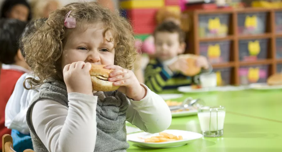 Niña comiendo hamburguesa para ilustrar nota sobre obesidad infantil