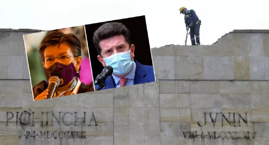 Imagen del monumento a Los Héroes siendo demolido. Ilustra ayuda que brinda Mindefensa a Claudia López. 