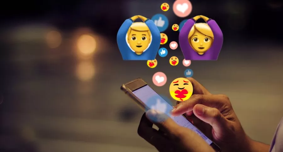 Emojis saliendo de un celular ilustran nota sobre el significado del emoji con manos en la cabeza. (Fotomontaje de Pulzo)