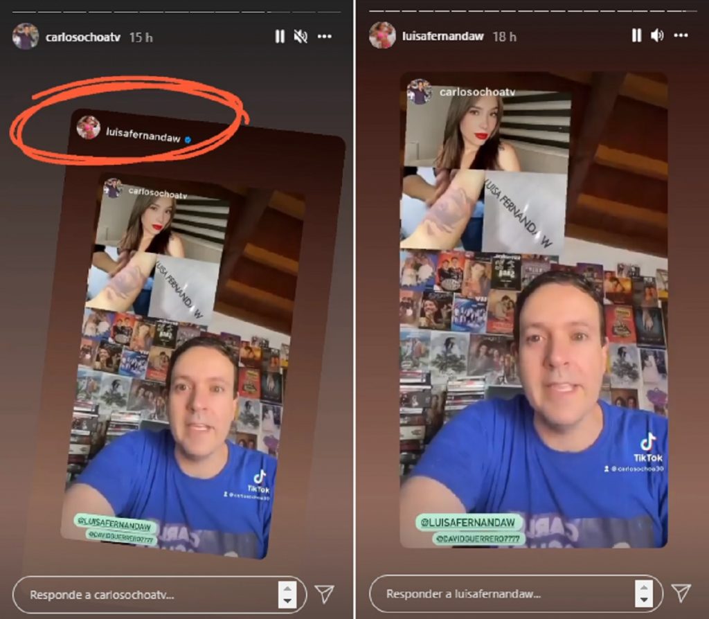 Capturas de pantalla historias Instagram carlosochoatv/luisafernandaw.