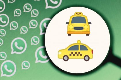 Emojis de los taxis en una lupa y fondo con logos de WhatsApp, a propósito de por qué hay dos taxis en WhatsApp, significado y diferencias.