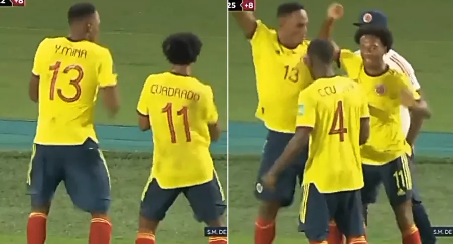 El baile de Yerry Mina y Juan Cuadrado en gol anulado de Colombia ante Ecuador. Fotomontaje: Pulzo.