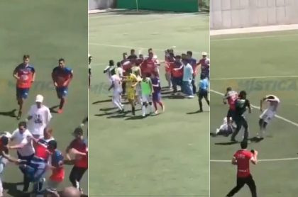 En las tres imágenes se puede ver la pelea en el Torneo Nacional sub 17 entre los equipos Talentos Envigado y Patriotas