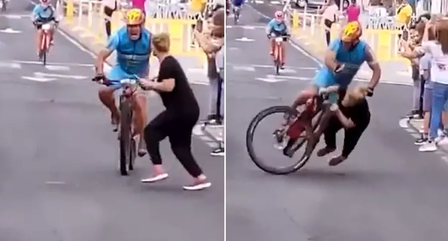 Mujer atravesada causa accidente en prueba de ciclismo en Islas Canarias; se atravesó. Fotomontaje: Pulzo.