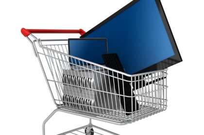 Televisor, computador y otros productos en carrito de mercado, a propósito de cuándo es el tercer día sin IVA 2021, en Colombia, y qué productos se pueden comprar.