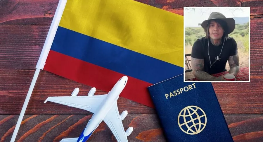 Yeferson Cossio en recuadro sobre un pasaporte, un avión y una bandera de Colombia, a propósito de abc sobre cómo renunciar a la nacionalidad colombiana, cuánto cuesta y más, como hizo el 'influencer' (fotomontaje Pulzo).