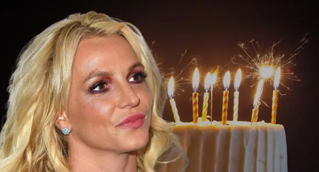 Britney Spears sobre fondo de pastel de cumpleaños, a propósito de cuántos años tiene, cómo lucía cuando joven, quiénes son sus hijos y más datos. (fotomontaje Pulzo)
