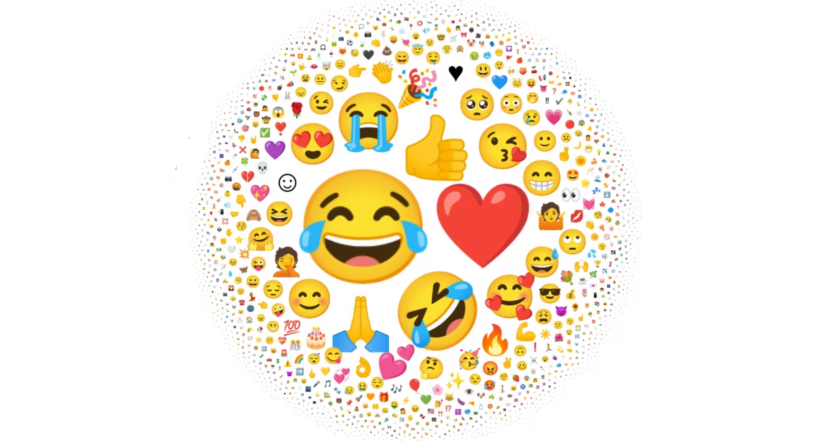 Nube de emojis que representa los más y los menos usados del 2021, según su tamaño.