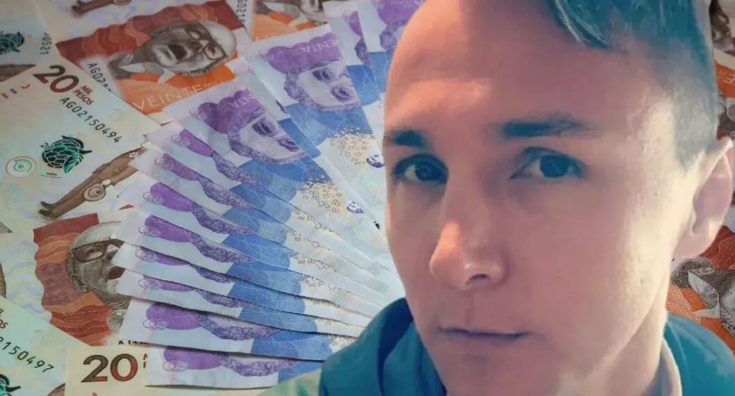 Mauricio Leal en fondo de billetes de colombia, a propósito de cuánto es la fortuna del peluquero vs. sus deudas (fotomontaje Pulzo).