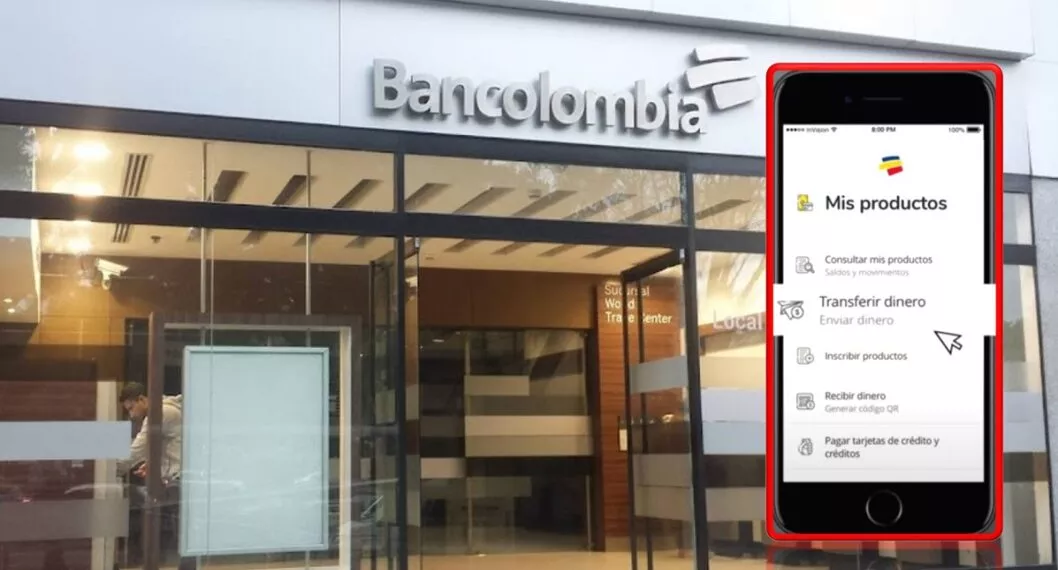 Sede de Bancolombia y foto de la aplicación ilustra nota de cobros que empezará a hacer el banco por envíos en Transfiya