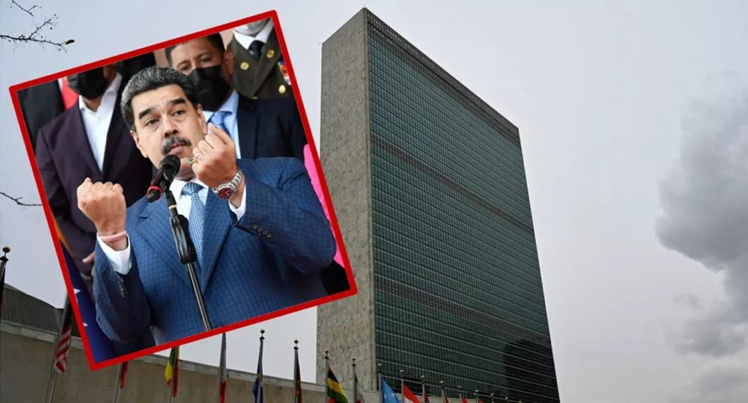 Imagen de Nicolás Maduro sobre sede de la ONU ilustra artículo Venezuela pierde derecho de voto en ONU por deuda excesiva con la organización