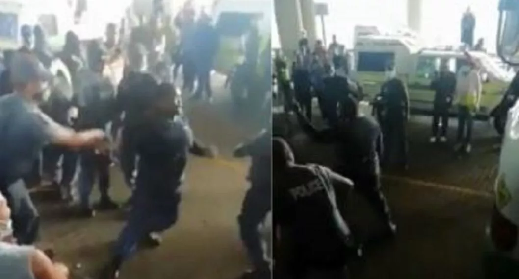 Imagen del policía en el momento que intenta agredir a sus compañeros con movimientos de Karate