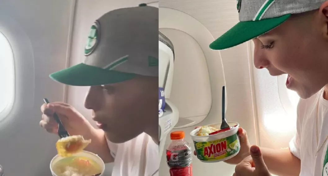 Video de hombre que come almuerzo en avión, en pleno vuelo