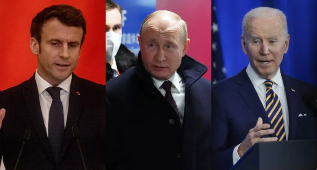 Emmanuel Macron, Vladimir Putin y Joe Biden, quienes volverán a hablar de Ucrania este sábado.