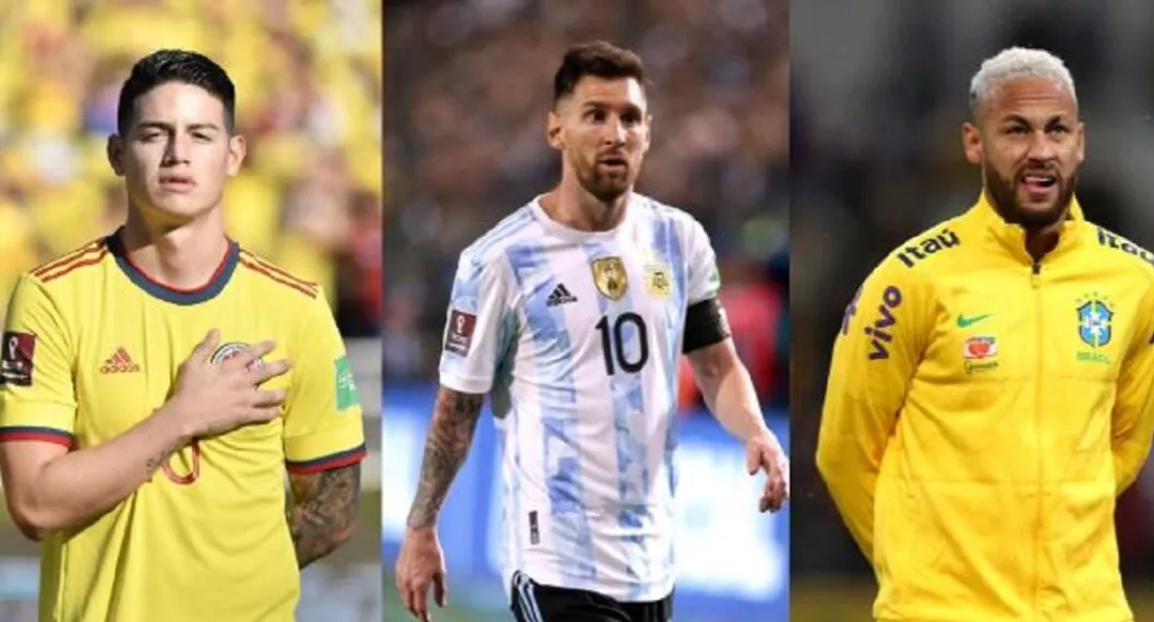 Imagen de James Rodríguez, Lionel Messi y Neymar a propósito del anuncio para que se jueguen los últimos partidos de las Eliminatorias Conmebol en simultáneo 