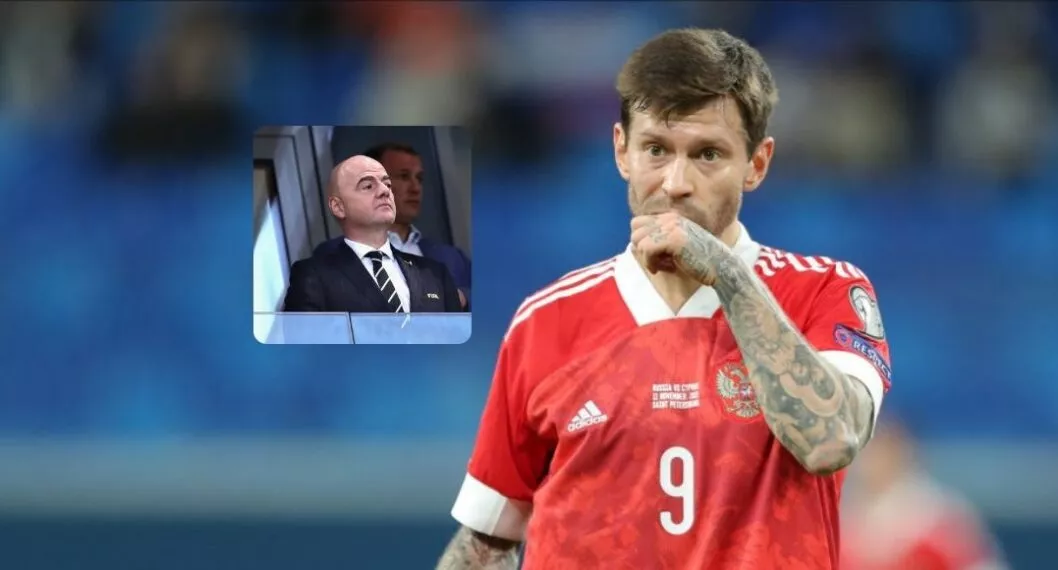 Imagen de un jugador de Rusia y del presidente de la Fifa a propósito de la expulsión de ese país del Mundial de Catar