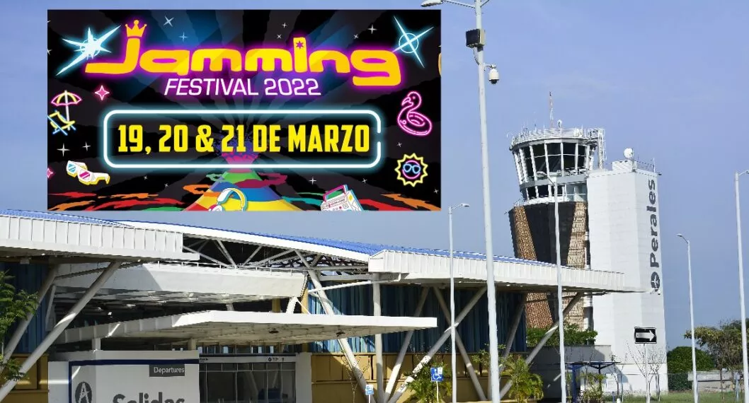 Foto de Aeropuerto Perales de Ibagué y poster del festival, en nota de aeropuerto durante el festival recibirá vuelos internacionales.