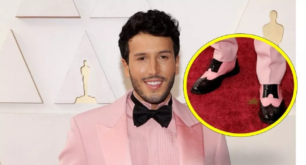 Sebastián Yatra en los Óscar ilustra nota sobre cuánto cuestan sus particulares zapatos rosados. (Fotomontaje de Pulzo)