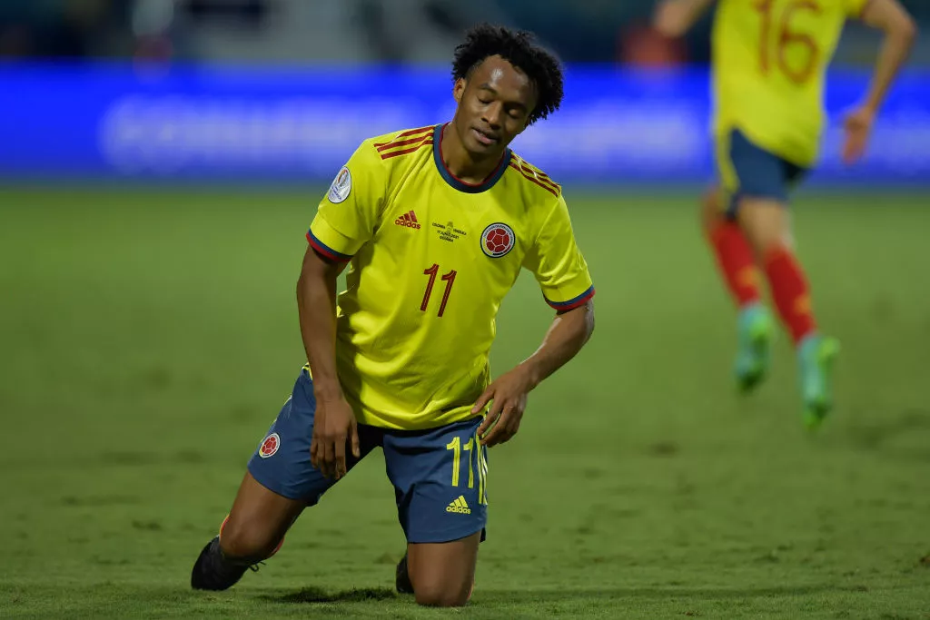 GOIANIA, BRAZIL - JUNE 17: Juan Cuadrado of Colombia reacts during a Group B match between Colombia and Venezuela as part of Copa America Brazil 2021 at Estadio Olimpico on June 17, 2021 in Goiania, Brazil. (Photo by Pedro Vilela/Getty Images)