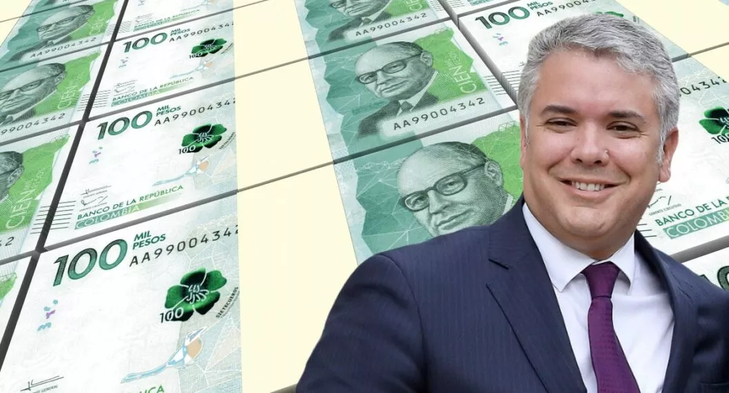 Iván Duque en fondo de billetes de 100 mil pesos, a propósito de cuánto es el salario del presidente de Colombia en 2022 (fotomontaje Pulzo).