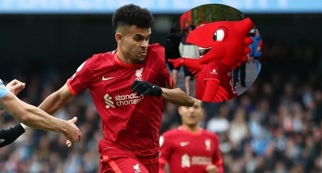 Fotos de Luis Díaz y de mascota de Liverpool, en nota de cómo la mascota del equipo le demostró su admiración.