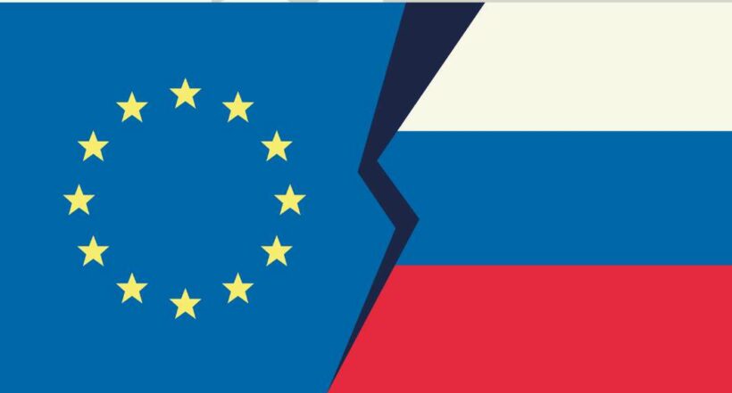 Foto de banderas de Unión Europea y Rusia, en nota de Rusia advirtió de consecuencias negativas si Suecia y Finlandia entran en OTAN.