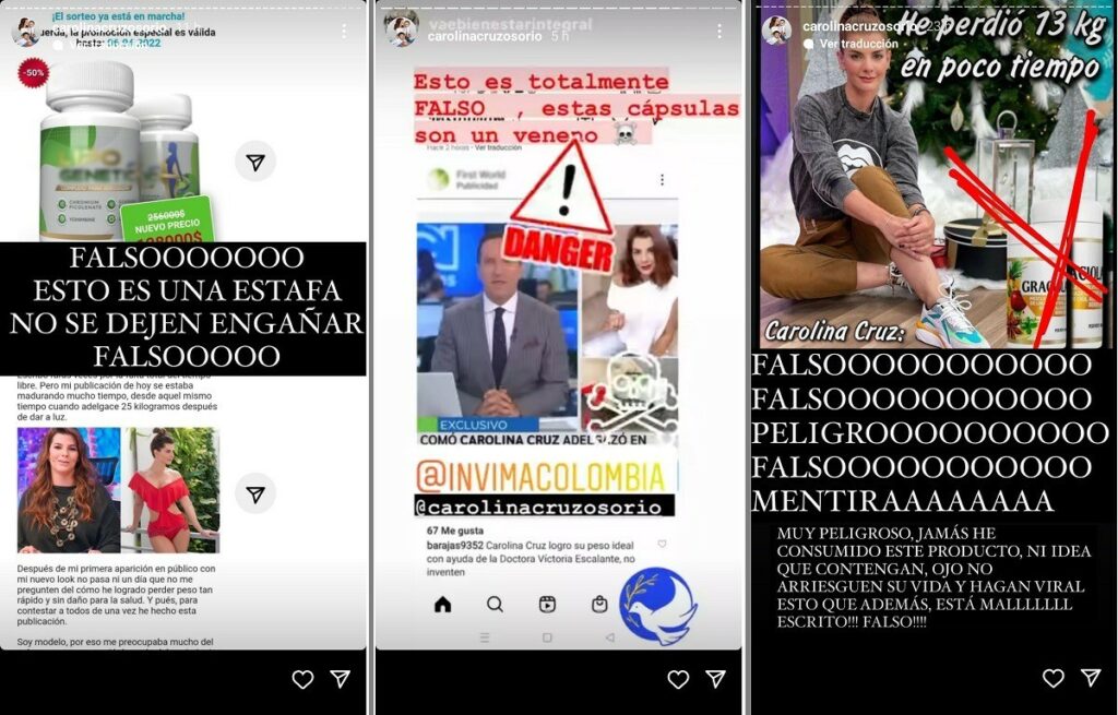 Capturas de pantalla historias Instagram carolinacruzosorio.