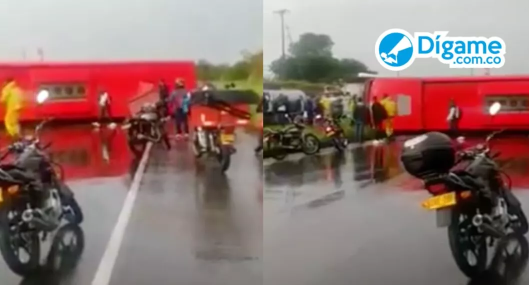 [Video] Accidente deja bus volcado en plena vía de Cesar