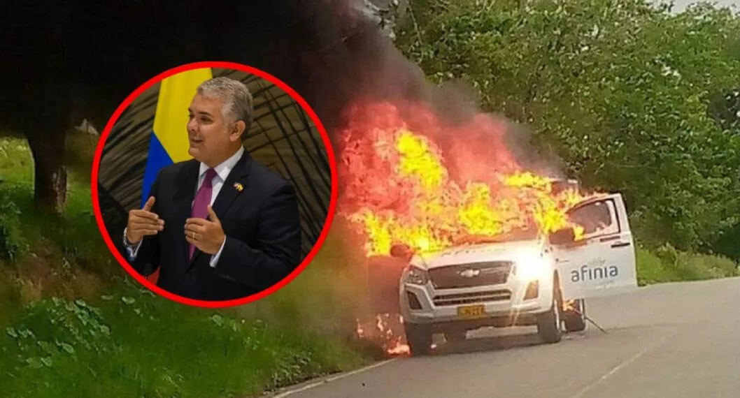 El presidente Iván Duque y uno de los vehículos incinerados este jueves en Colombia como retaliación de 'Otoniel'.
