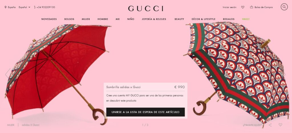 Captura de pantalla de página web oficial de Gucci.