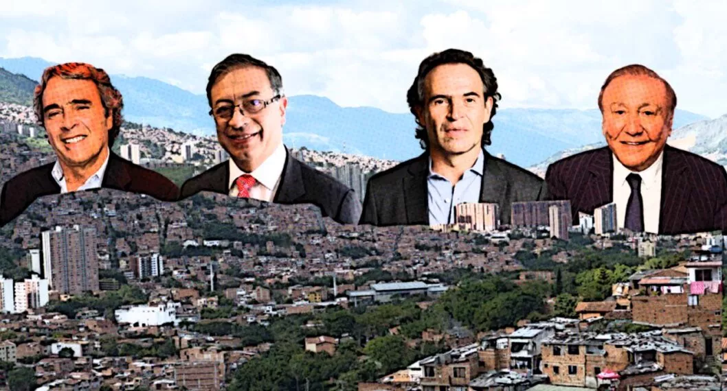 Fotos de Sergio Fajardo, Gustavo Petro, Federico Gutiérrez y Rodolfo Hernández sobre foto de un barrio de Bogotá a propósito de nota sobre sus propuestas en vivienda
