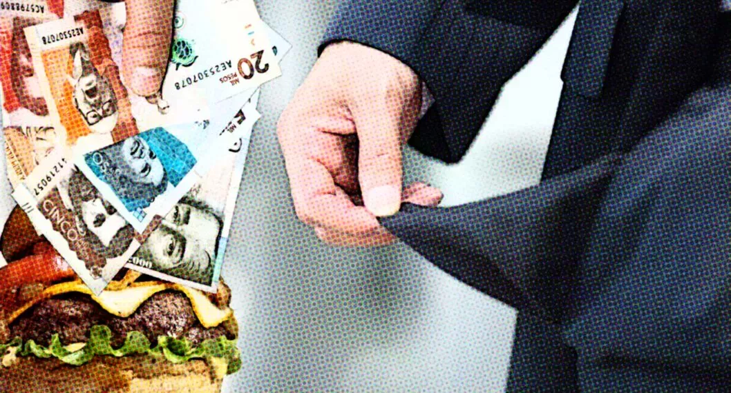 Imagen de hamburguesa, dinero colombiano y un hombre con los bolsillos vacíos en relación a nota sobre las propuestas de impuestos de los candidatos a la presidencia de Colombia