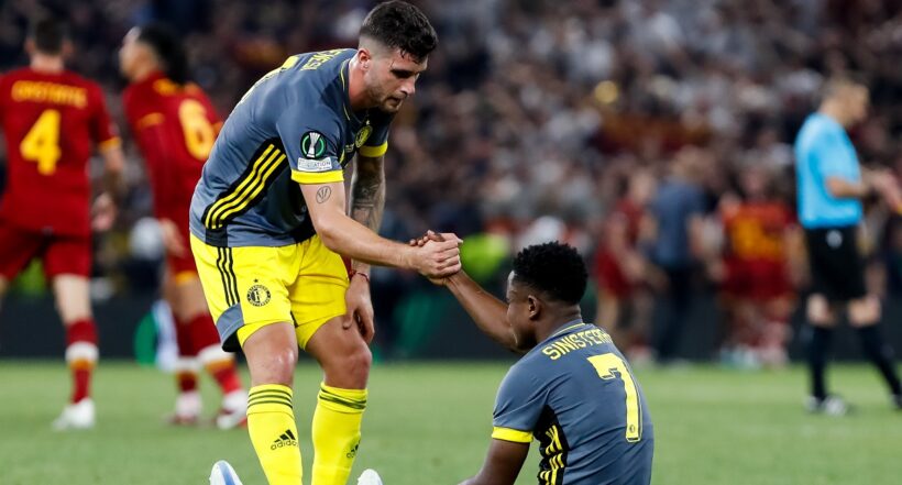 TIRANA, ALBANIA - MAY 25: Marcos Senesi of Feyenoord comforts Luis Sinisterra of Feyenoord during the UEFA Europa Conference League Final match between AS Roma and Feyenoord at the National Arena on May 25, 2022 in Tirana, Albania (Photo by Nikola Krstic/Orange Pictures/BSR Agency/Getty Images)