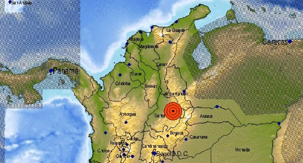 Mapa del sismo de 4 grados en Colombia hoy, 27 de mayo; epicentro en Los Santos, Santander.