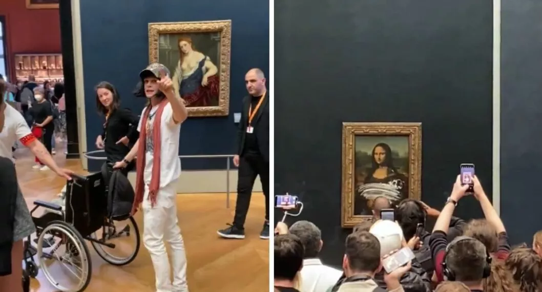 Imagen del hombre, quien disfrazado le lanzó un paste a la obra de la Mona Lisa